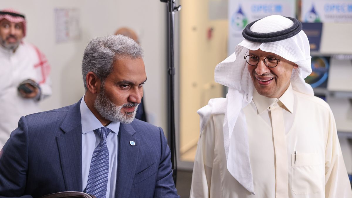 Haitham al-Ghais, secretary-general of Organization of Petroleum Exporting Countries (OPEC), left, and Abdulaziz bin Salman, Saudi Arabia's energy minister, following a Bloomberg Television interview following the 33rd meeting of the Organization of Petroleum Exporting Countries (OPEC) and non-OPEC countries in Vienna, Austria, on Wednesday, Oct. 5, 2022. OPEC+ agreed to cut its collective output limit by 2 million barrels day as it seeks to halt a slide in oil prices caused by the weakening global economy. Photographer: Akos Stiller/Bloomberg via Getty Images