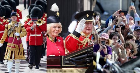 Król Karol i królowa Camilla w mundurach pozdrawiają wiwatujące tłumy na Trooping the Colour (ZDJĘCIA)