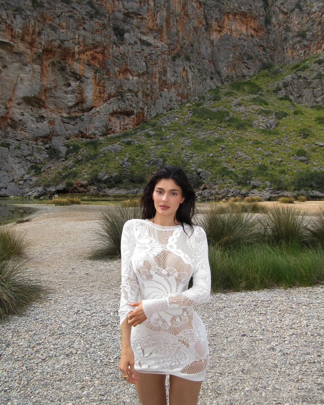 Kylie Jenner in a lace mini dress