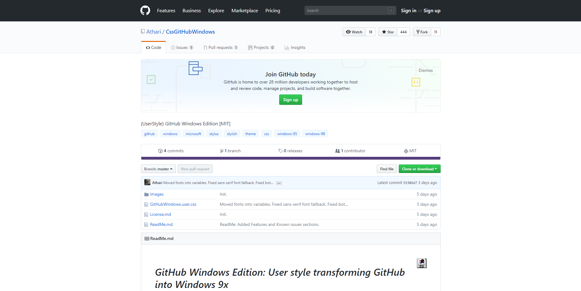 Współczesny GitHub: minimalizm i estetyczne zakładki podobne do kart w przeglądarkach.
