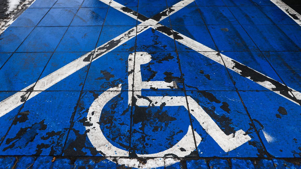 A disabled parking space in Bialystok, Poland on January 21, 2023. (Photo by Beata Zawrzel/NurPhoto via Getty Images)