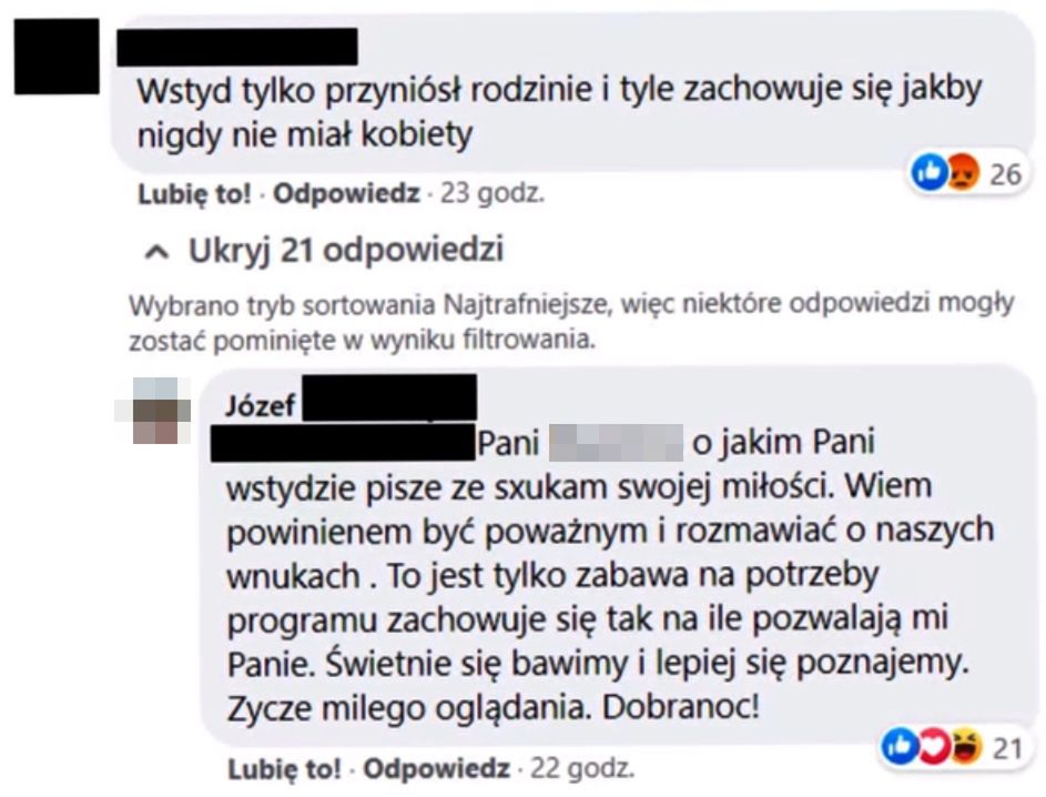 Józef, Grażyna i Apolonia wymieniają komentarze pod postem programu