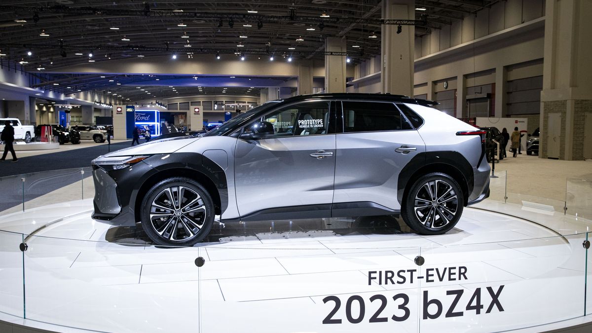 A 2023 Toyota bZ4X electric vehicle (EV) during the Washington Auto Show in Washington, D.C., U.S., on Friday, Jan. 21, 2022. The auto show, designated as one of the nation's top five auto shows by the International Organization of Motor Vehicle Manufacturers, runs from January 21-30. Photographer: Al Drago/Bloomberg via Getty Images