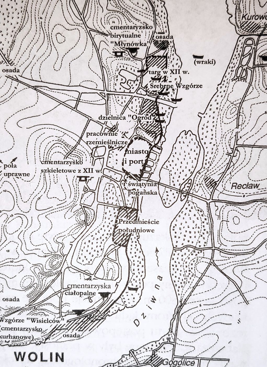 Plan wczesnośredniowiecznego Wolina, na podstawie ustaleń W. Filipiowiaka i H. Gundlacha