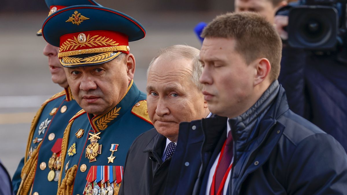 MOSCOW, RUSSIA - MAY 09: Russian President Vladimir Putin attends the military parade during 77th anniversary of the Victory Day in Red Square in Moscow, Russia on May 09, 2022. The Victory parade take place on the Red Square on 09 May to commemorate the victory of the Soviet Union's Red Army over Nazi-Germany in WWII. (Photo by Sefa Karacan/Anadolu Agency via Getty Images)