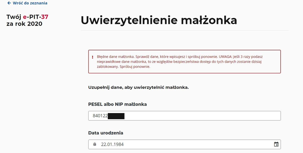 System Twój e-PIT blokuje się po potrójnym wpisaniu błędnych danych. 