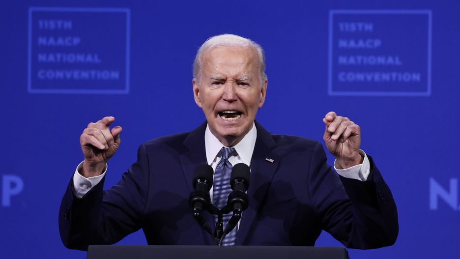 LAS VEGAS, NEVADA - JULY 16:  U.S. President Joe Biden speaks at the 115th NAACP National Convention at the Mandalay Bay Convention Center on July 16, 2024 in Las Vegas, Nevada. Biden returned to the campaign trail, delivering remarks at the NAACP convention today, and will tomorrow at the UnidosUS Annual Conference  during a visit to the battleground state of Nevada. (Photo by Mario Tama/Getty Images)