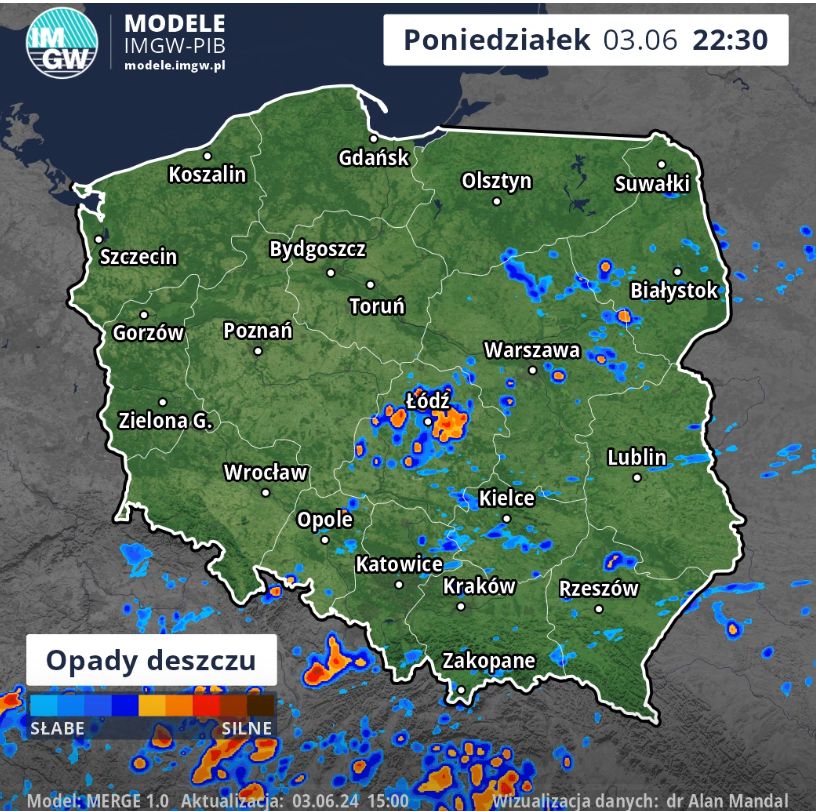 Mapa IMGW. Opady deszczu w nocy z poniedziałku na wtorek