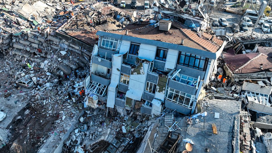 MARAS, TURKEY- FEBRUARY 8: An aerial view of Maras on February 8, 2023 in Maras, Turkey.  A 7.8-magnitude earthquake hit near Gaziantep, Turkey, in the early hours of Monday, followed by another 7.5-magnitude tremor just after midday. The quakes caused widespread destruction in southern Turkey and northern Syria and were felt in nearby countries. (Photo by Ahmet Akpolat / dia images via Getty Images)