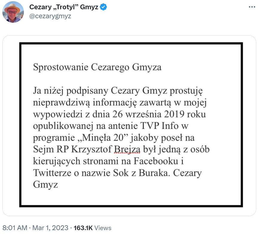 Cezary Gmyz w końcu zamieścił sprostowanie