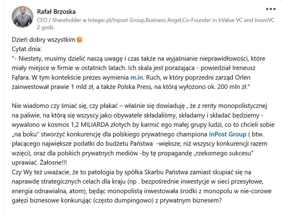 Rafał  Brzoska, prezes InPostu skomentował nietrafione inwestycje Orlenu