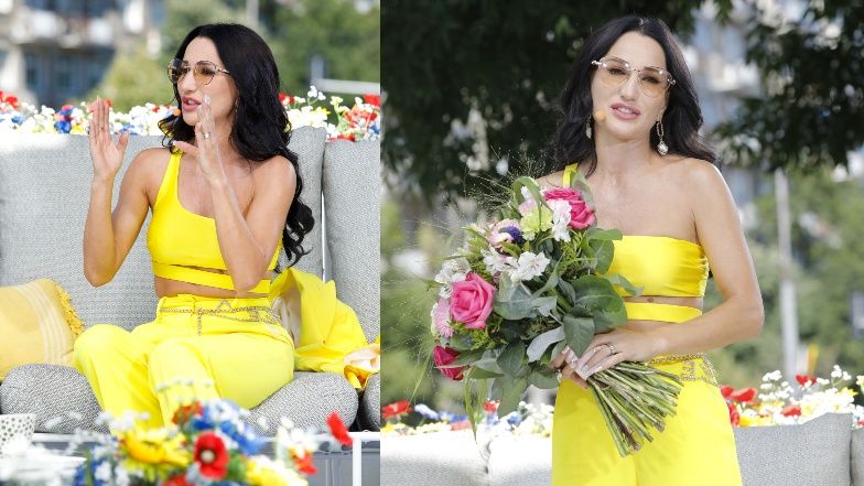 Justyna Steczkowska w kanarkowym kostiumie na kanapie "Dzień dobry TVN"