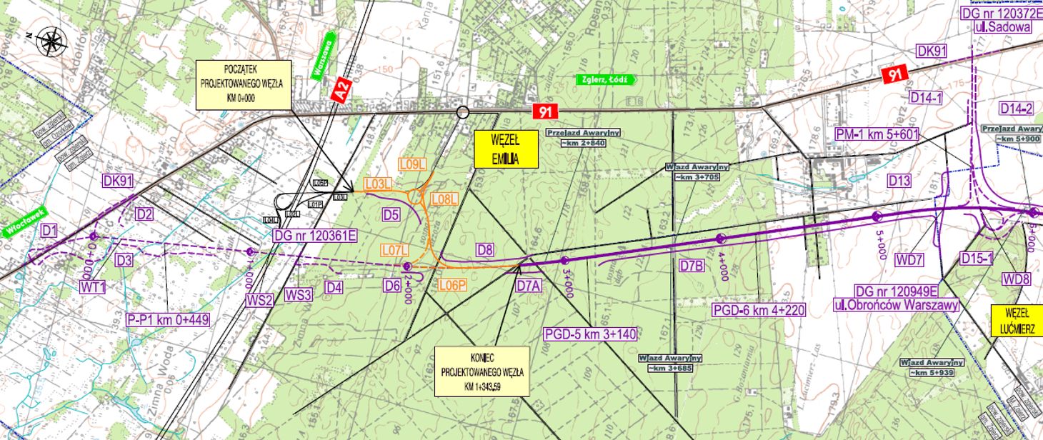 Na pomarańczowo zaznaczono budowane rondo, które ma obsłużyć A2, A14 i DK91. Przerywaną fioletową linią zaznaczono pierwotnie założony węzeł, który miał połączyć trasy