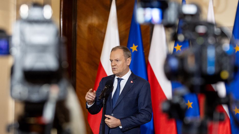 Polish Prime Minister Donald Tusk is speaking during a press conference after a government meeting in Warsaw, Poland, on January 3, 2024. (Photo by Foto Olimpik/NurPhoto via Getty Images)