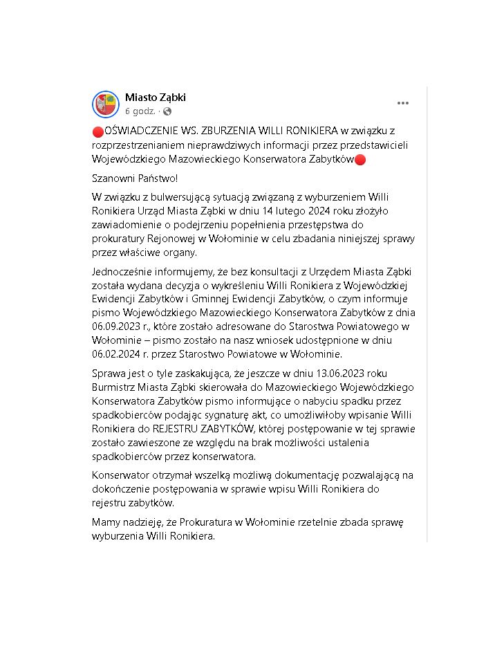 Screen z Facebooka - Miasto Ząbki