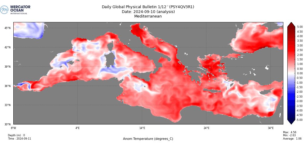 Różnice temperatur M. Śródziemnego względem temp. z 20 lat.