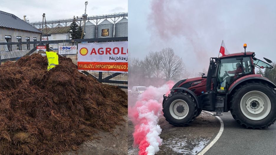 Pod siedzibą firmy , która skupowała  zboże z Ukrainy wyrzucono obornik. Na fot. obok protesty rolnicze