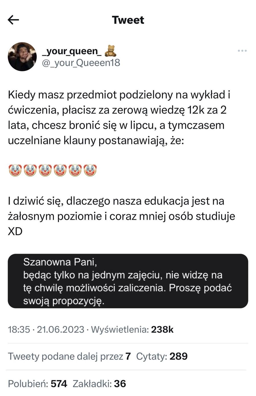 Studentka zaskoczona, że musi chodzić na zajęcia