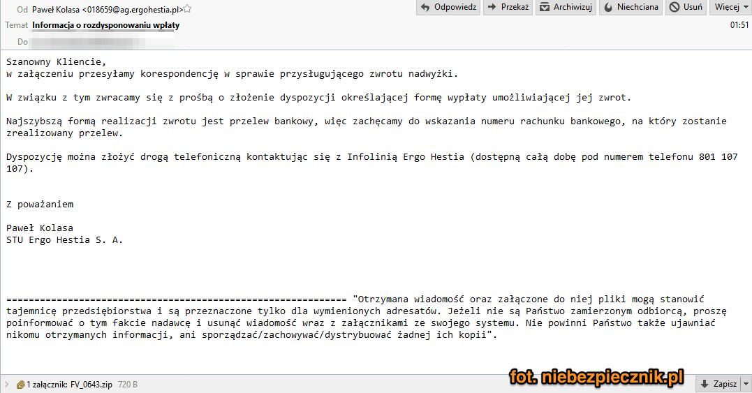 Treść rozsyłanej do użytkowników wiadomości. Źródło: Niebezpiecznik.