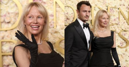 Złote Globy 2025. 57-letnia Pamela Anderson bez grama makijażu śle uśmiechy, chwaląc się przy okazji 28-letnim synem