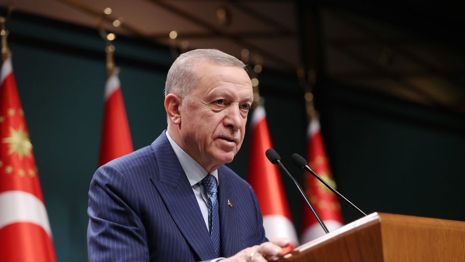 ANKARA, TURKIYE - JANUARY 09: Turkish President Recep Tayyip Erdogan makes statements after cabinet meeting at Presidential Complex in Ankara, Turkiye on January 09, 2023. (Photo by Murat Kula/Anadolu Agency via Getty Images)