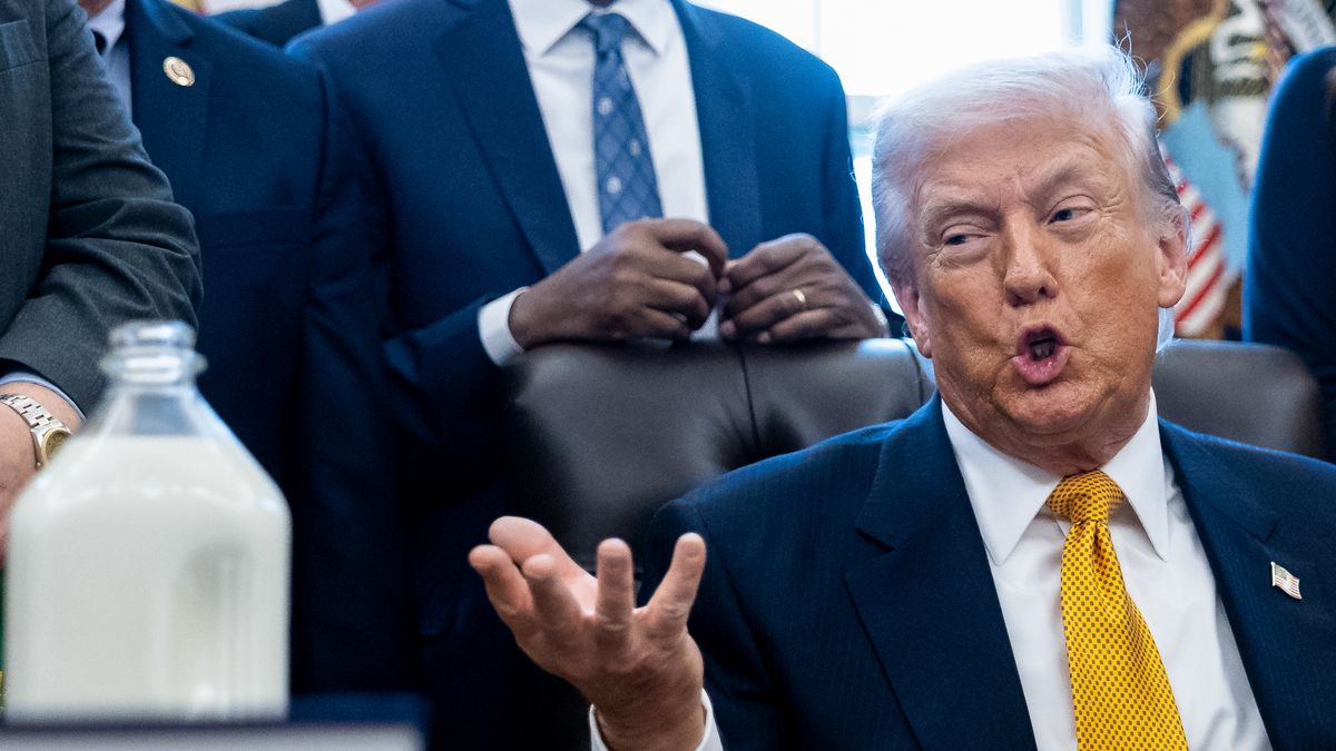 US President Donald Trump speaks during a signing ceremony in the Oval Office of the White House in Washington, DC, US, on Wednesday, Jan. 14, 2026. Trump will sign legislation Wednesday allowing schools that participate in a federal lunch program to serve whole milk, the latest measure advancing his administration's health agenda. Photographer: Francis Chung/Politico/Bloomberg via Getty Images