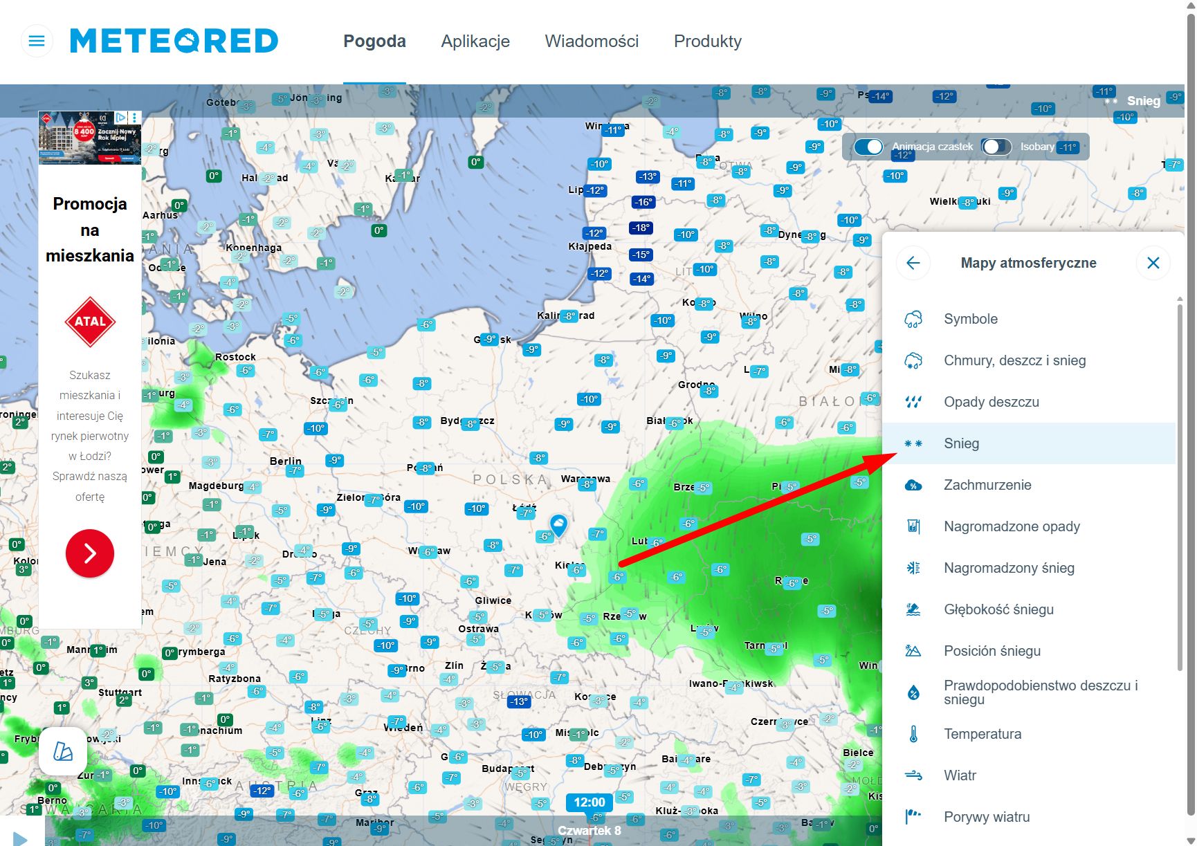 Mapa opadów śniegu w serwisie Meteored