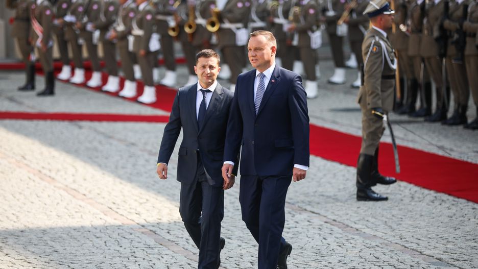 Ukrainian President Volodymyr Zelensky visits Polish President Andrzej Duda at the Presidential Palace on August 31, 2019 in Warsaw, Poland. Zelensky arrived to Warsaw for the 80th anniversary of the outbreak of World War II on 1st September 1939. (Photo by Beata Zawrzel/NurPhoto via Getty Images)