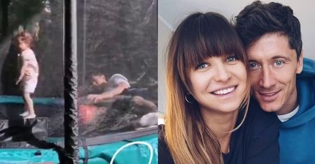 Robert Lewandowski zabawia Klarę na trampolinie, podczas gdy Ania przygląda się z oddali... Dochodzi już do siebie po porodzie?