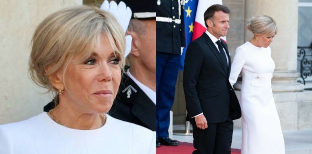 Brigitte Macron zadaje szyku przed Pałacem Elizejskim w białej sukience do kolan. Klasa? (FOTO)