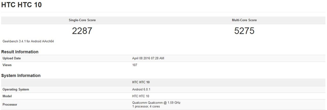 Wyniki modelu HTC 10 w teście GeekBench