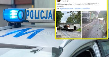 Koszalin: ciężarówka utknęła pod wiaduktem. Kolejny kierowca myślał, że się ''wciśnie''