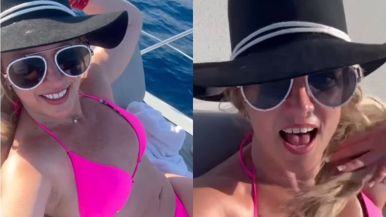 Britney Spears in a pink bikini is posing on the deck of a yacht