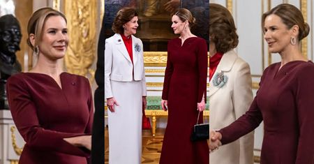 Marta Nawrocka pojawiła się w bordowej sukni na kolacji ze szwedzką parą królewską (ZDJĘCIA)