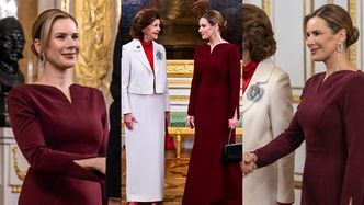 Marta Nawrocka pojawiła się w bordowej sukni na kolacji ze szwedzką parą królewską (ZDJĘCIA)