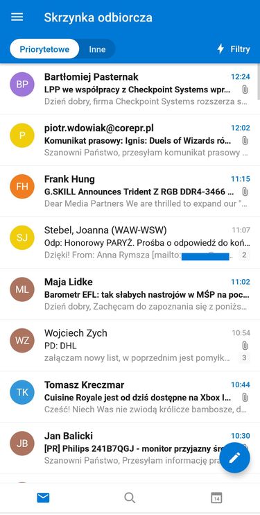 Outlook 3.0 dla Androida – skrzynka odbiorcza