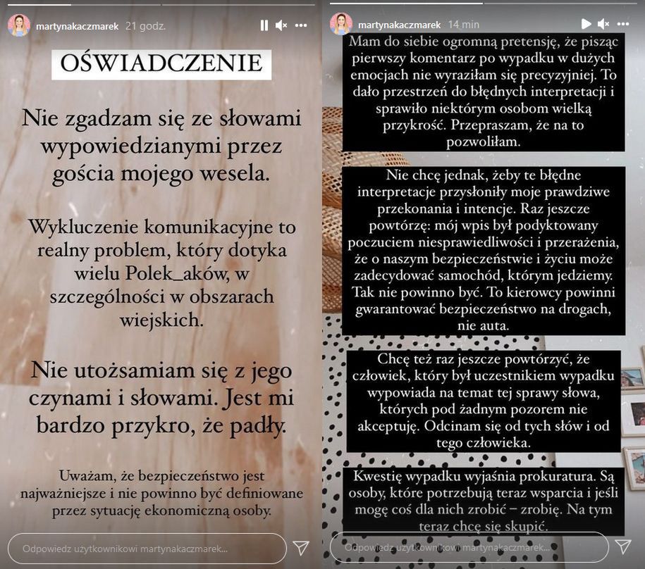 Martyna Kaczmarek odcina się od patokierowcy, który bawił się na jej weselu