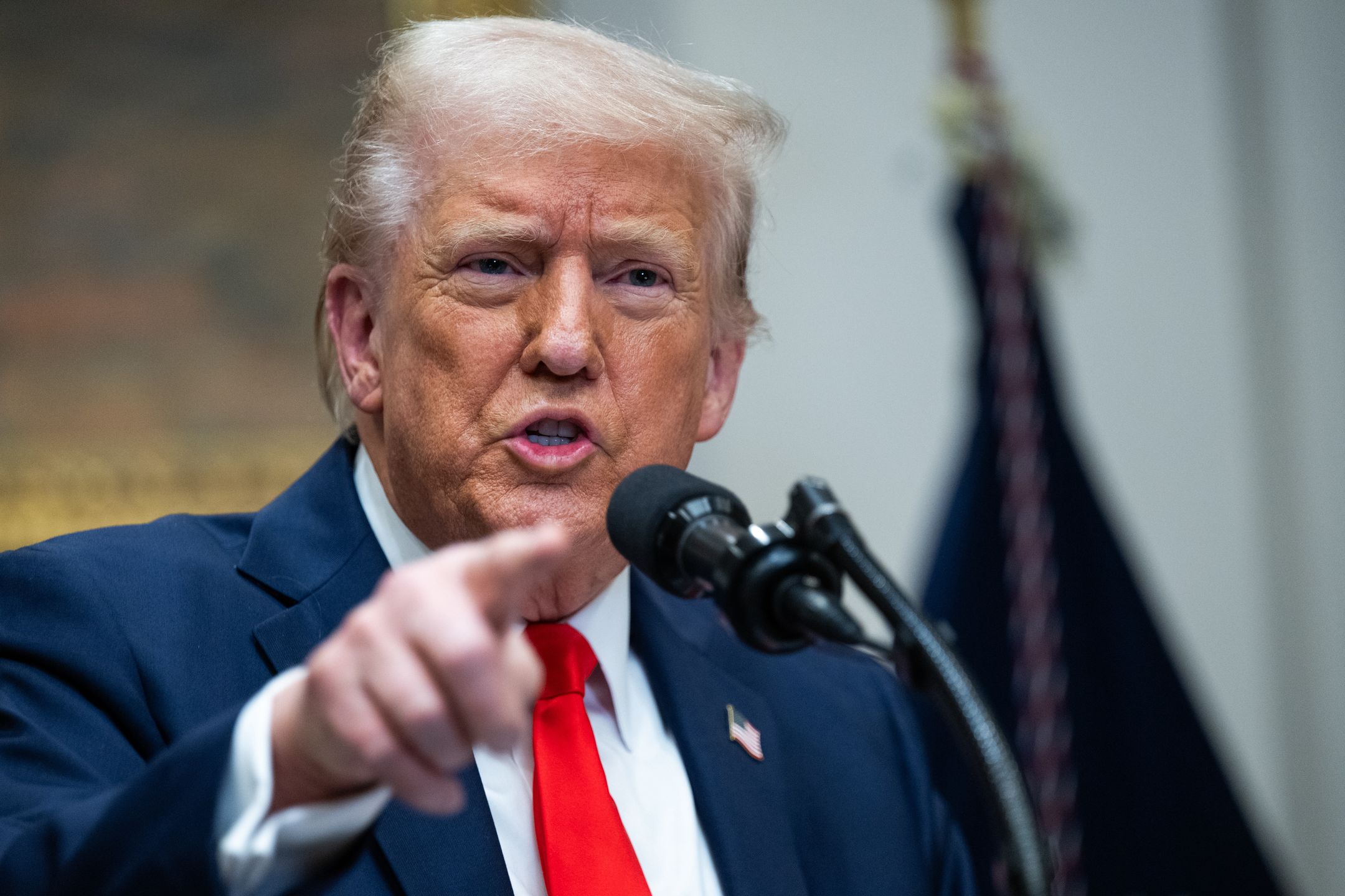 WASHINGTON, DC - MARCH 3: President Donald Trump  takes questions at a press conference with TSMC CEO C.C. Wei to announce that Taiwan Semiconductor Manufacturing Company (TSMC) plans to invest $100 billion in new manufacturing facilities in the United States in the Roosevelt Room of the White House on March 3, 2025 in Washington, DC. President Trump was also joined by United States Secretary of Commerce Howard Lutnick and White House AI and Crypto Czar David Sacks. (Photo by Annabelle Gordon for The Washington Post via Getty Images)