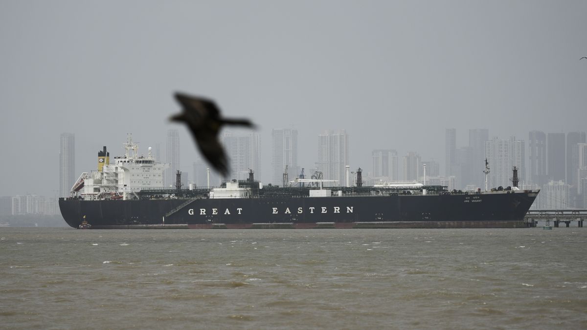 The Indian-flagged tanker Jag Vasant, carrying liquefied petroleum gas (LPG) after transiting through the Strait of Hormuz amid the ongoing conflict in the Middle East, is seen docked at an offloading terminal along the coast in Mumbai, India, on April 1, 2026. (Photo by Indranil Aditya/NurPhoto via Getty Images)