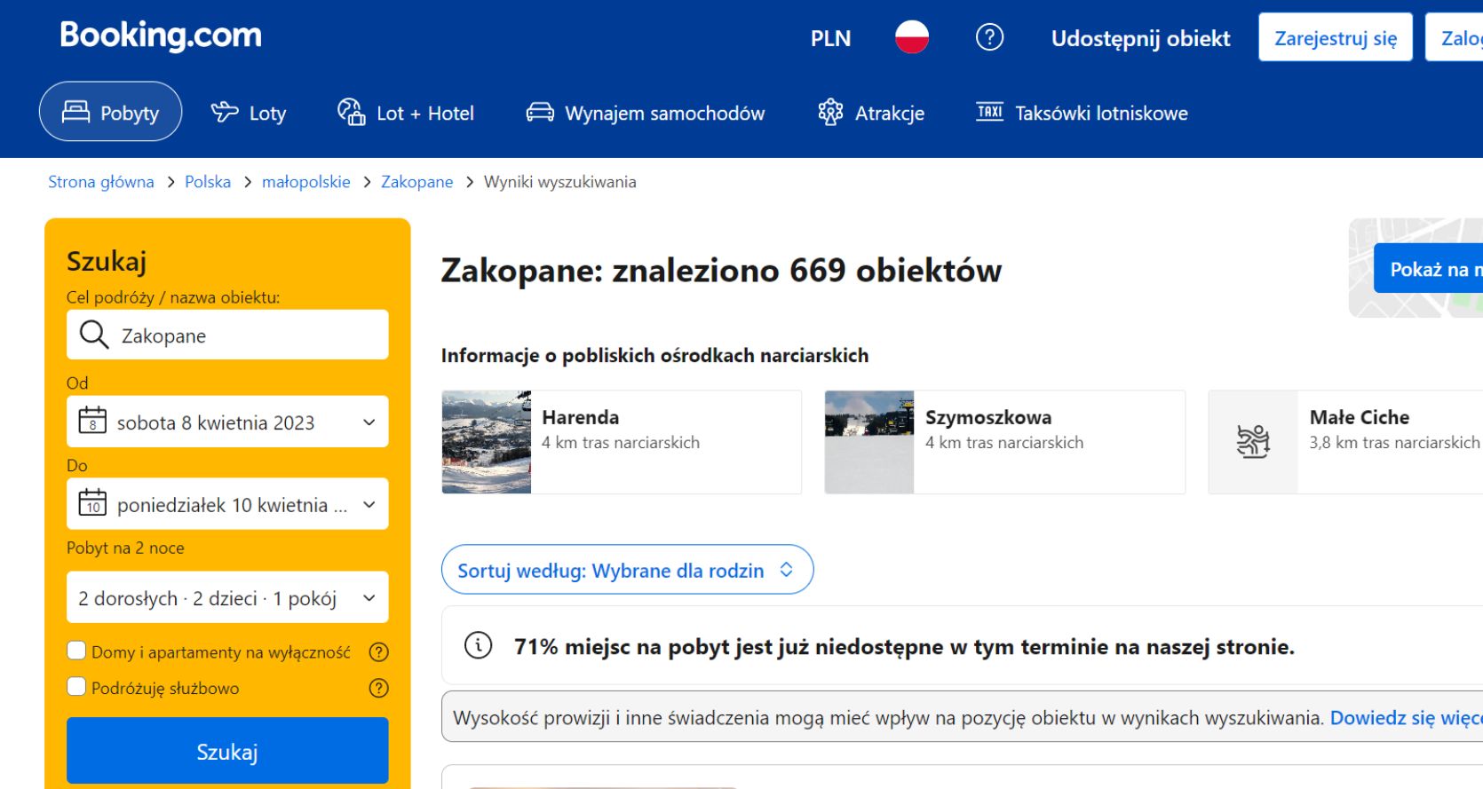 W Zakopanem najętych jest 71 proc. miejsc noclegowych