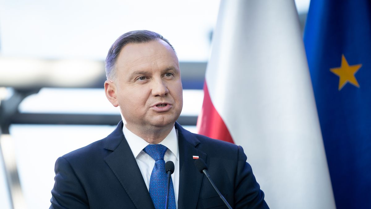 Polish President Andrzej Duda attends a joint news conference with European Commission President Ursula von der Leyen and Polish Prime Minister Mateusz Morawiecki at PSE (Polish Power Grids) headquarters in Konstancin-Jeziorna, Poland on June 2, 2022 (Photo by Mateusz Wlodarczyk/NurPhoto via Getty Images)