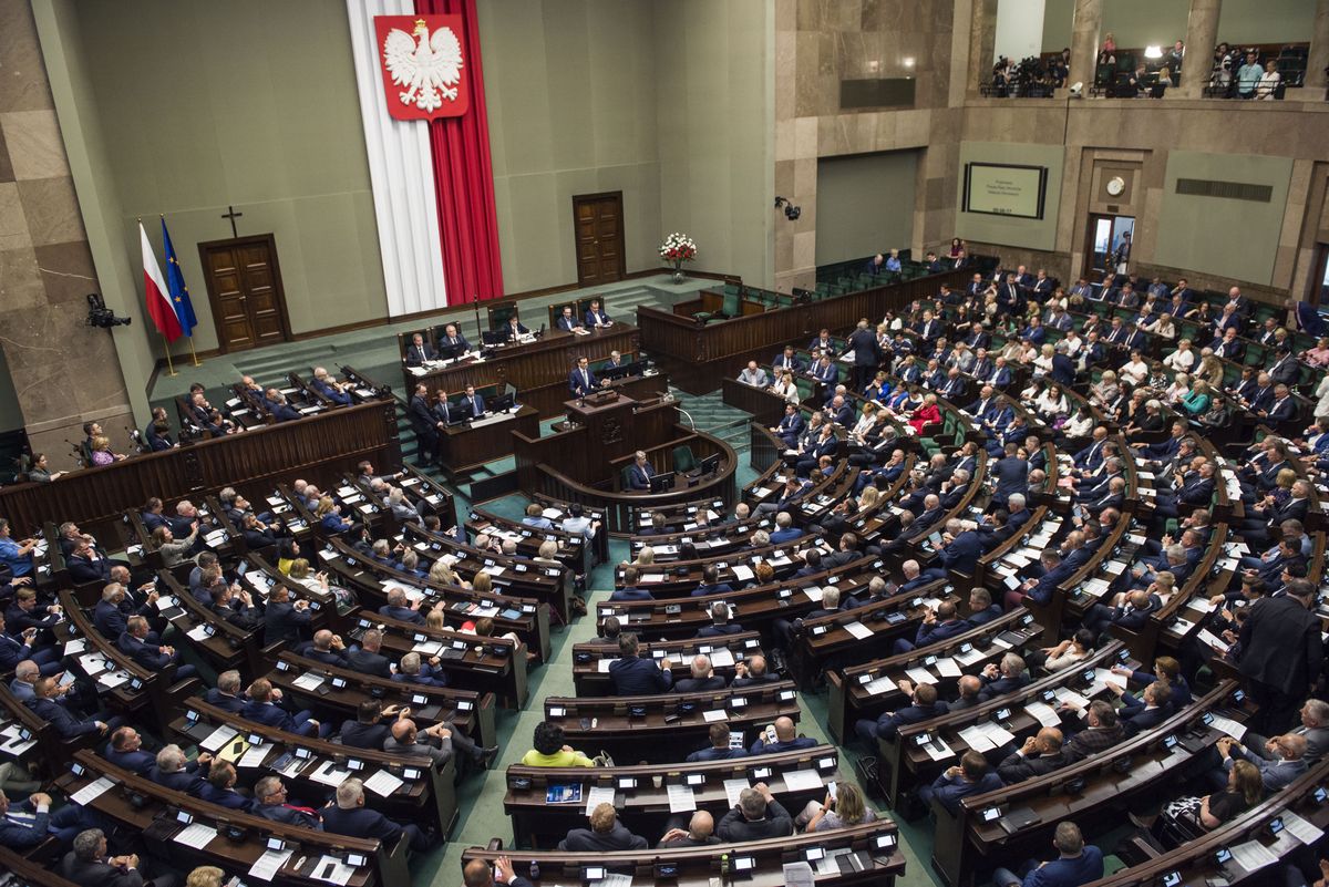 WARSAW, MAZOWIECKIE, POLAND - 2022/06/09: A general view of the Sejm's hall during a session of the Polish Sejm at the lower house of the Polish Parliament. (Photo by Attila Husejnow/SOPA Images/LightRocket via Getty Images)