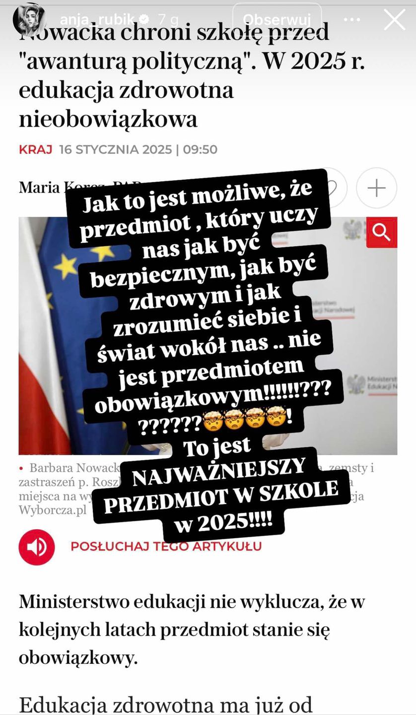 Anja Rubik jest rozczarowana decyzją Barbary Nowackiej