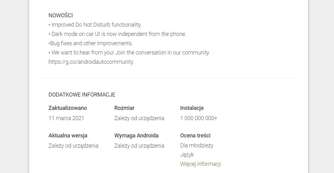 Android Auto w Sklepie Play z opisem zmian dotyczącym wersji sprzed dobrych kilku miesięcy, fot. Oskar Ziomek.