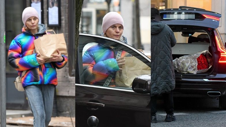 Małgorzata Foremniak załatwia sprawunki i wsiada do samochodu partnera