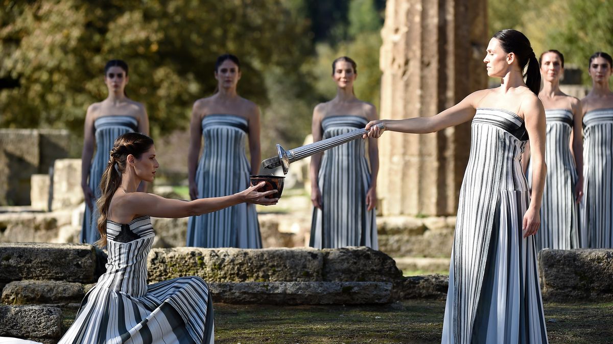 OLYMPIA, GREECE - NOVEMBER 24: Actress, Mary Mina, participates in a rehearsal of the lighting ceremony of the Olympic Flame for the Milano Cortina 2026 Olympic Winter Games at Temple of Hera on November 26, 2025 in Olympia, Greece. (Photo by Milos Bicanski/Getty Images)