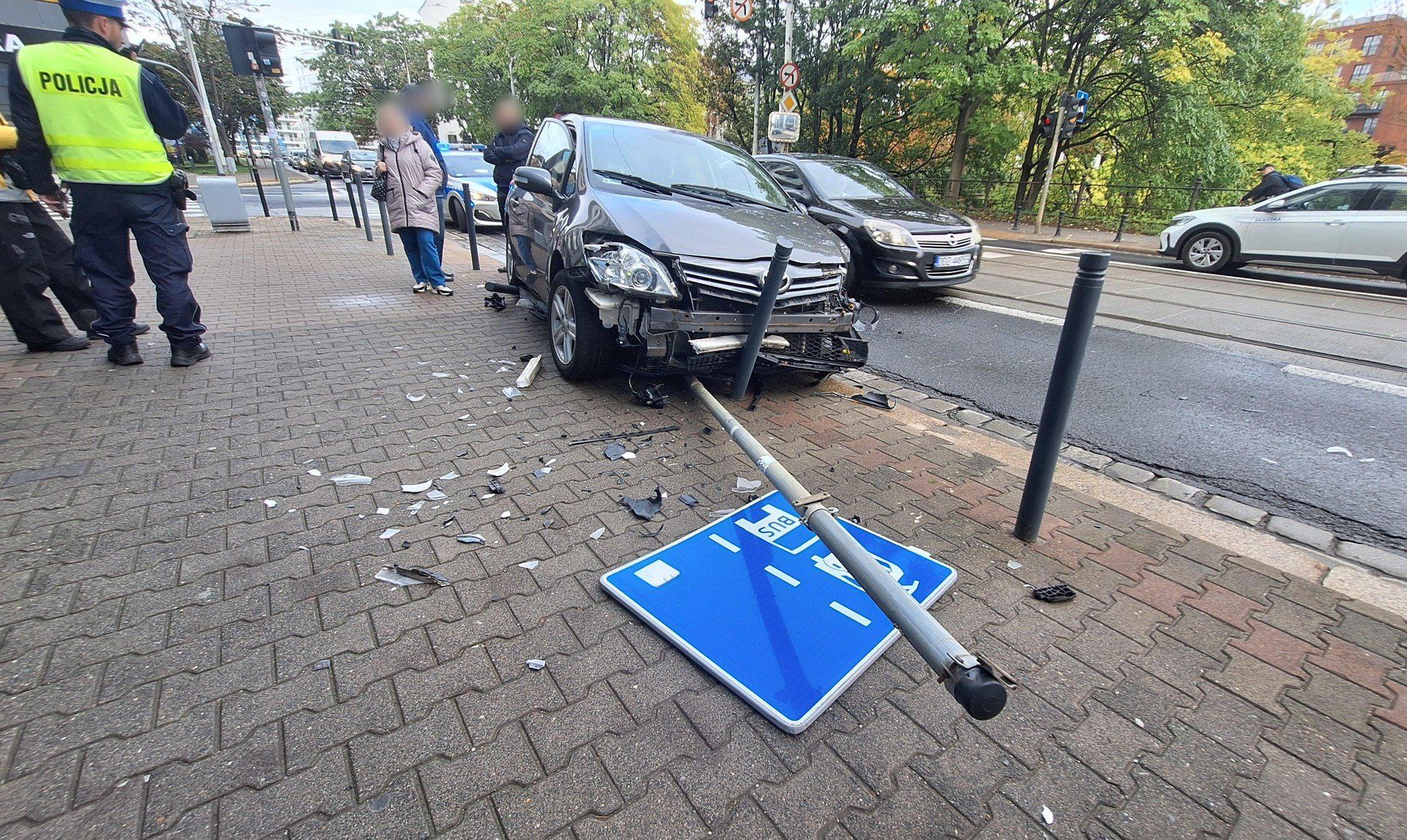 Samochód wypadł z jezdni na chodnik, skosił słupki i znaki.