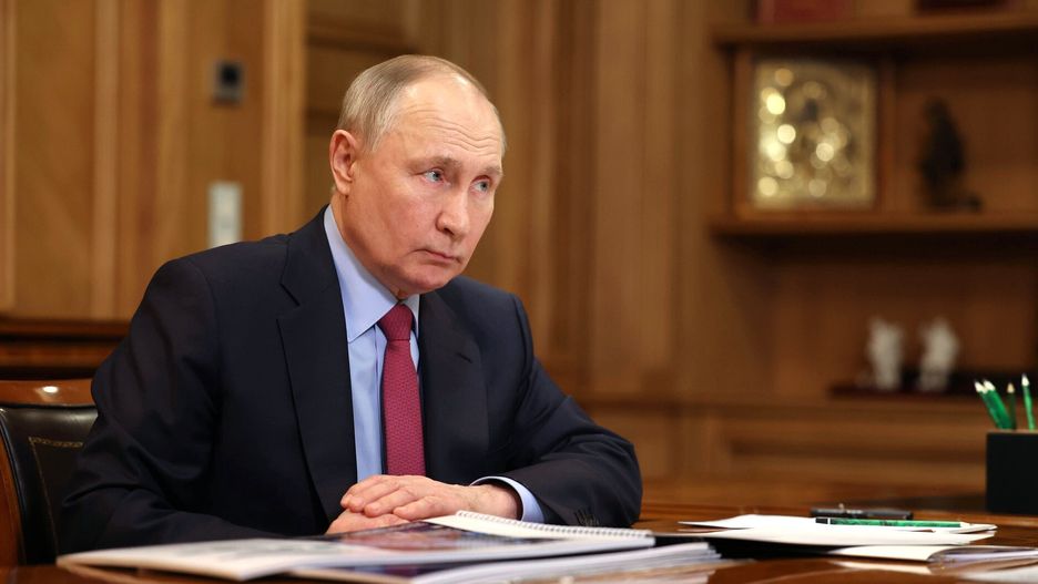 CHELYABINSK, RUSSIA - FEBRUARY 16: (----EDITORIAL USE ONLY - MANDATORY CREDIT - 'KREMLIN PRESS OFFICE / HANDOUT' - NO MARKETING NO ADVERTISING CAMPAIGNS - DISTRIBUTED AS A SERVICE TO CLIENTS----) Russian President Vladimir Putin meets Governor of Chelyabinsk Region, Aleksey Teksler (not seen) in Chelyabinsk, Russia on February 16, 2024. (Photo by Kremlin Press Office / Handout/Anadolu via Getty Images)