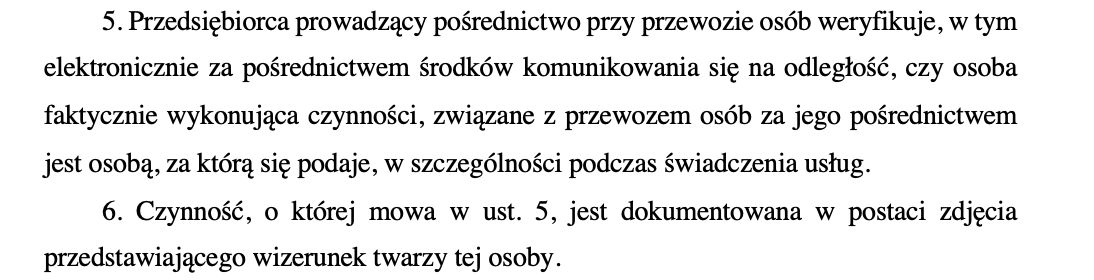 Fragment przepisów, które będą obowiązywały platformy do zamawiania przewozu osób