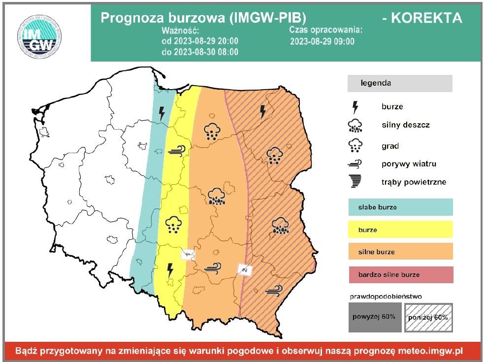 Prognoza burz IMGW na noc z wtorku na środę 29/30 sierpnia